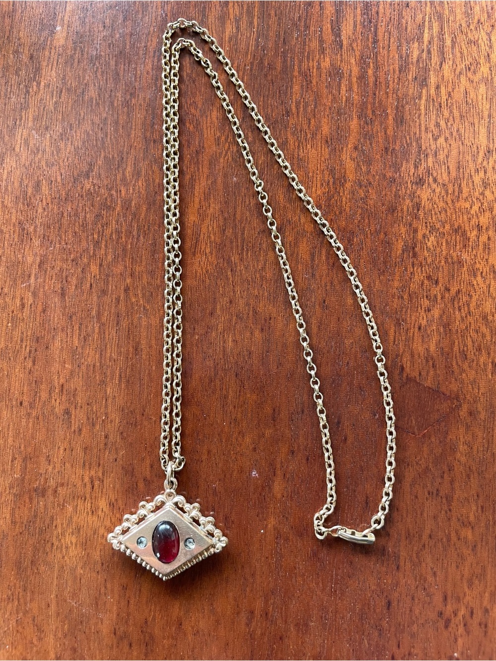 Antique Gold-Tone Old 2 sided Fob Pendant Old Gold tone Necklace w Red Garnet?